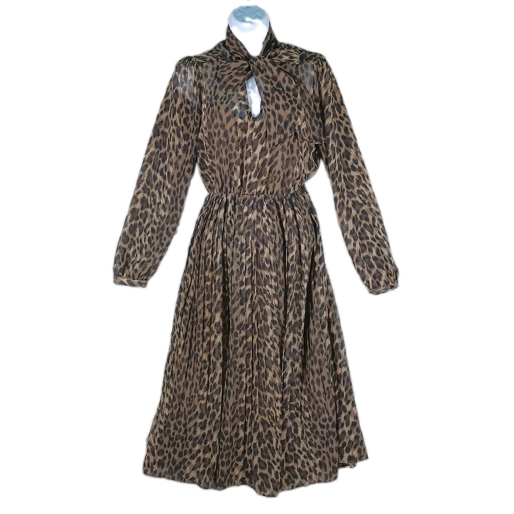 Banana Republic Dress Women 2 Brown Leopard Print Scarf Tie Pleated Midi